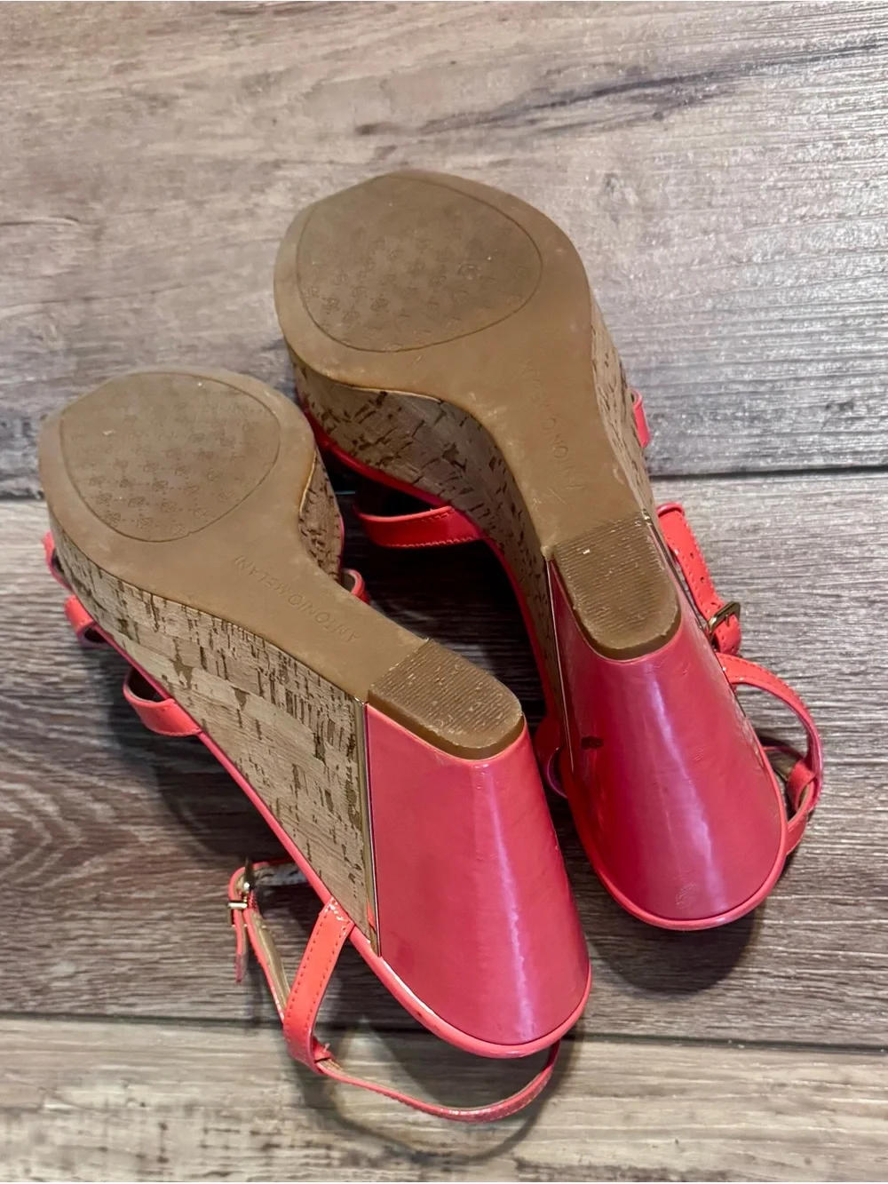 ANTONIO MELANI Coral Patent Wedge Sandals with Cork Platform